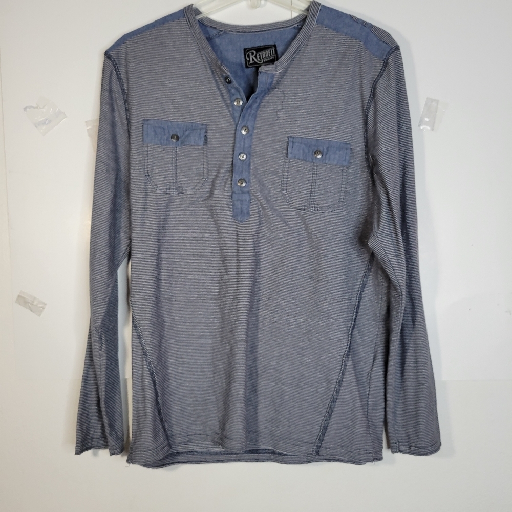 Mens Retrofit Brand MFG long sleeve Chambray/striped Long Sleeve Henley Size Med